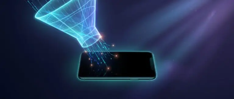 A beam of light and data streaming down onto a smartphone with a blank screen, illustrating search traffic arriving at a site that does not convert.