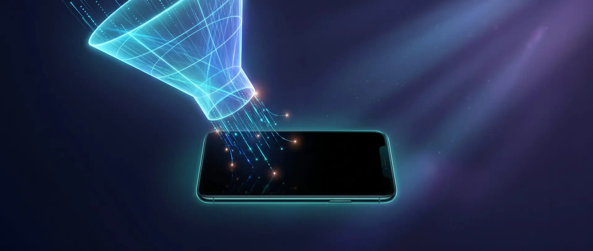 A beam of light and data streaming down onto a smartphone with a blank screen, illustrating search traffic arriving at a site that does not convert.
