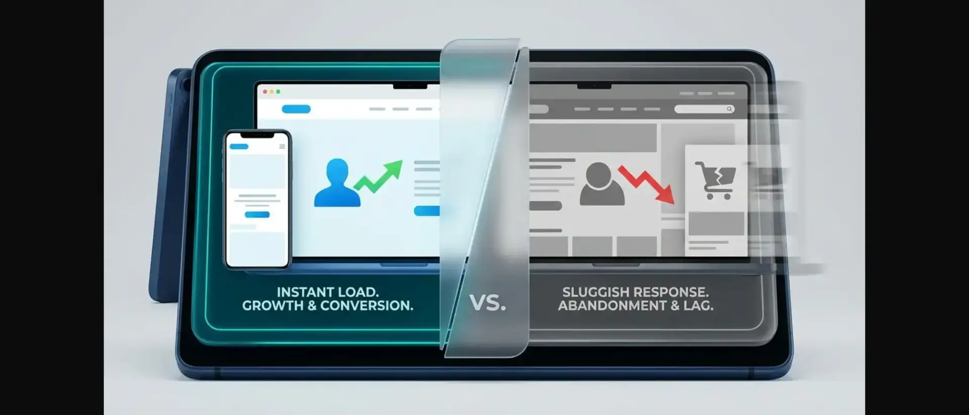 Split-screen comparison of a fast-loading website driving growth and conversion against a sluggish site causing abandonment and lag.