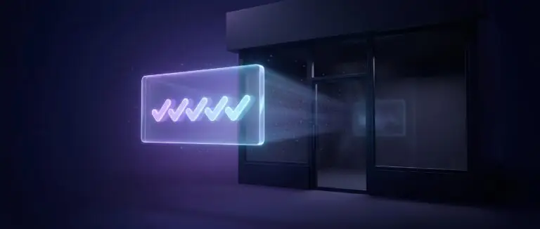 A brightly lit holographic storefront sign showing five completed checkmarks, standing in front of a darkened and empty shop doorway.