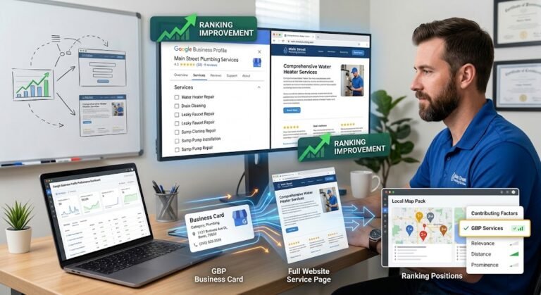 GBP services list and a full website service page compared on monitors while a business owner reviews ranking gains