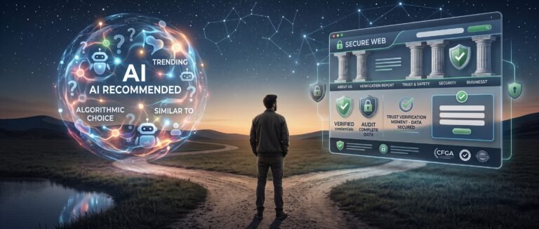 Man at a fork in the road choosing between a glowing AI recommendation orb and a verified business website with trust badges