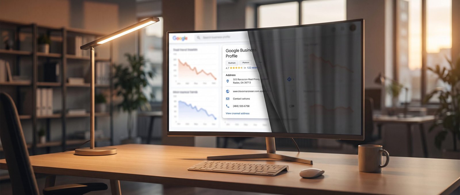 Desktop monitor showing a Google Business Profile card with address progressively hidden by a closing curtain