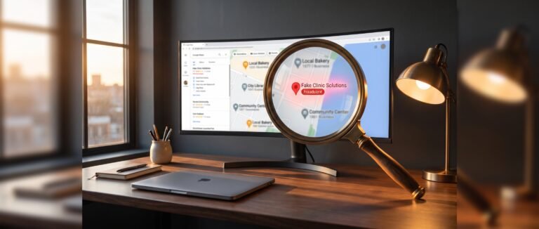 Magnifying glass on a desk revealing a fraudulent business listing highlighted in red on a Google Maps
