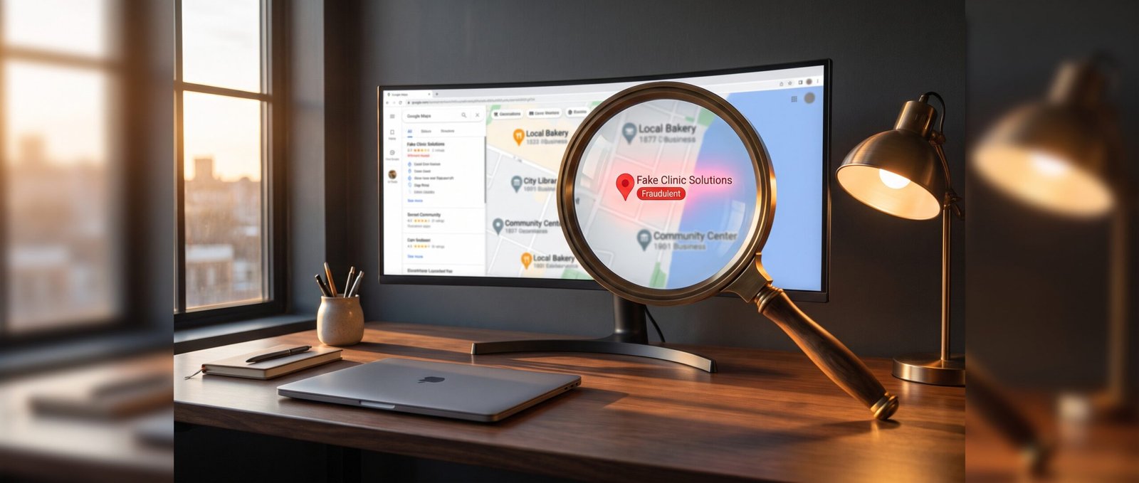 Magnifying glass on a desk revealing a fraudulent business listing highlighted in red on a Google Maps