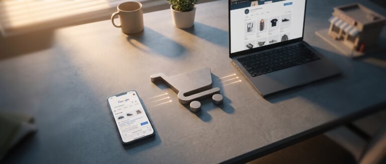 Universal Cart: overhead desk shot showing shopping cart icon transitioning between smartphone Google Search and laptop
