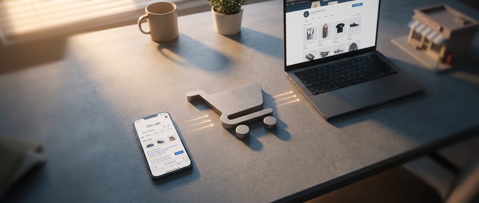 Universal Cart: overhead desk shot showing shopping cart icon transitioning between smartphone Google Search and laptop