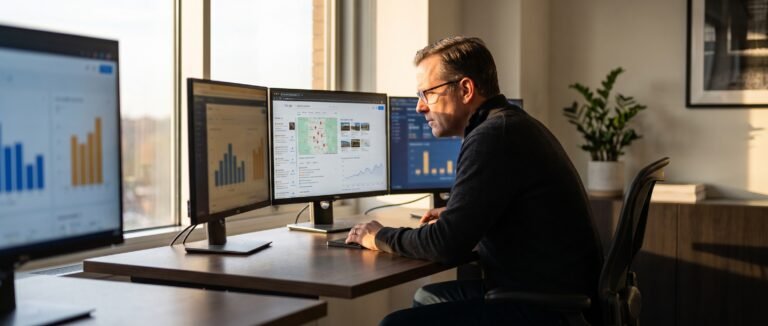 Q3 2026: business professional reviewing local SEO metrics on computer monitors in a modern office with warm natural