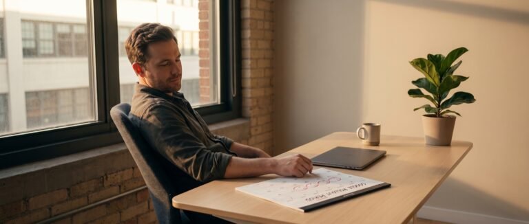 Google Update Cannot: developer seated calmly at desk studying a circled calendar under warm window light, waiting patiently